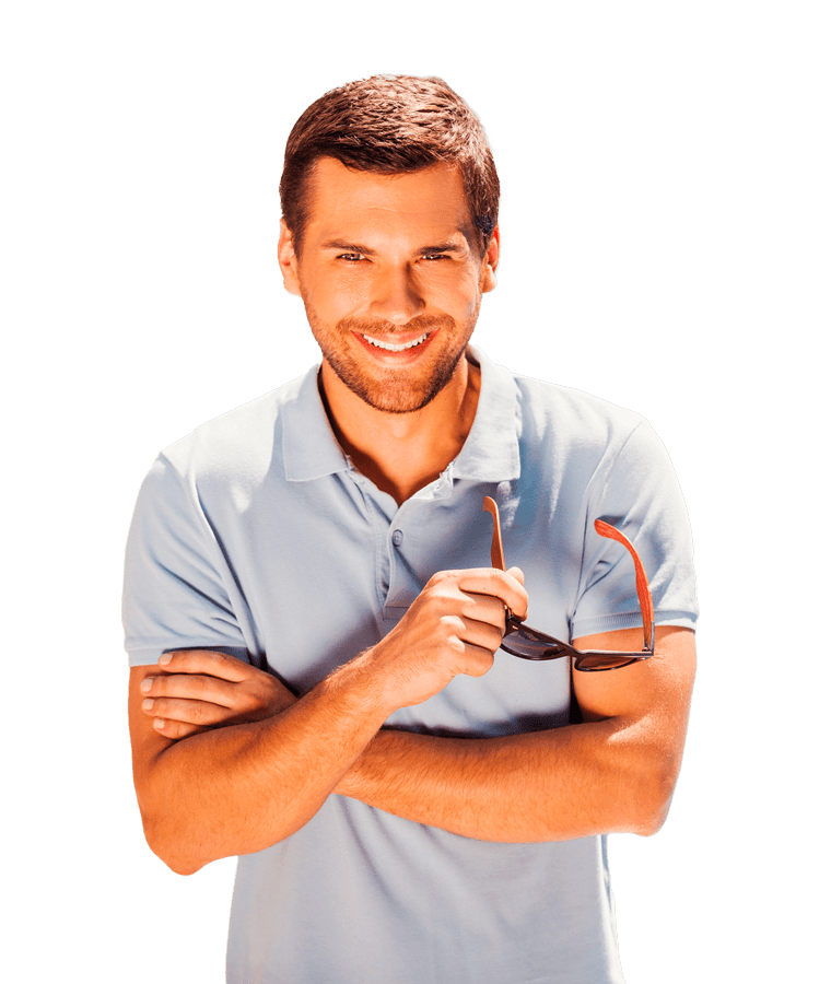 Young man holding a pair of glasses on a transparent background.